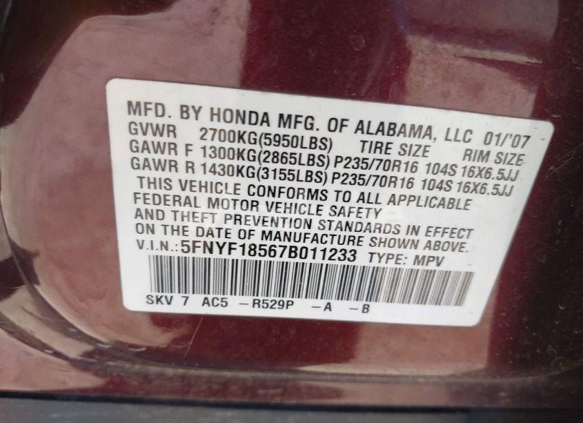 Photo 9 of 2007 Honda Pilot EX-L (VIN 5FNYF18567B011233)