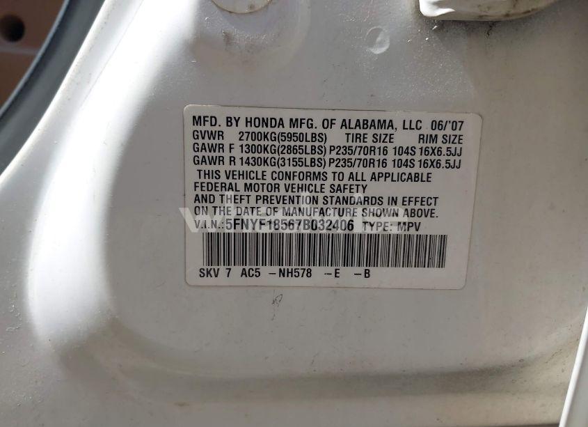 Photo 9 of 2007 Honda Pilot EX-L (VIN 5FNYF18567B032406)