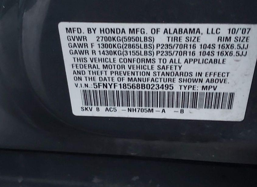 Photo 9 of 2008 Honda Pilot EX-L (VIN 5FNYF18568B023495)
