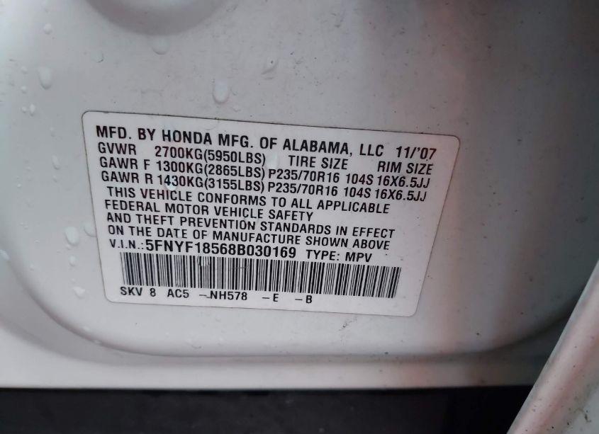 Photo 9 of 2008 Honda Pilot EX-L (VIN 5FNYF18568B030169)