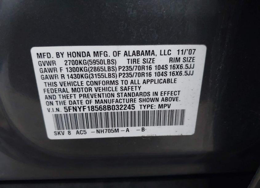 Photo 9 of 2008 Honda Pilot EX-L (VIN 5FNYF18568B032245)