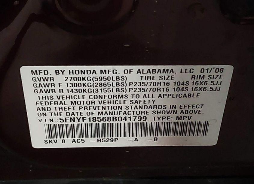 Photo 9 of 2008 Honda Pilot EX-L (VIN 5FNYF18568B041799)