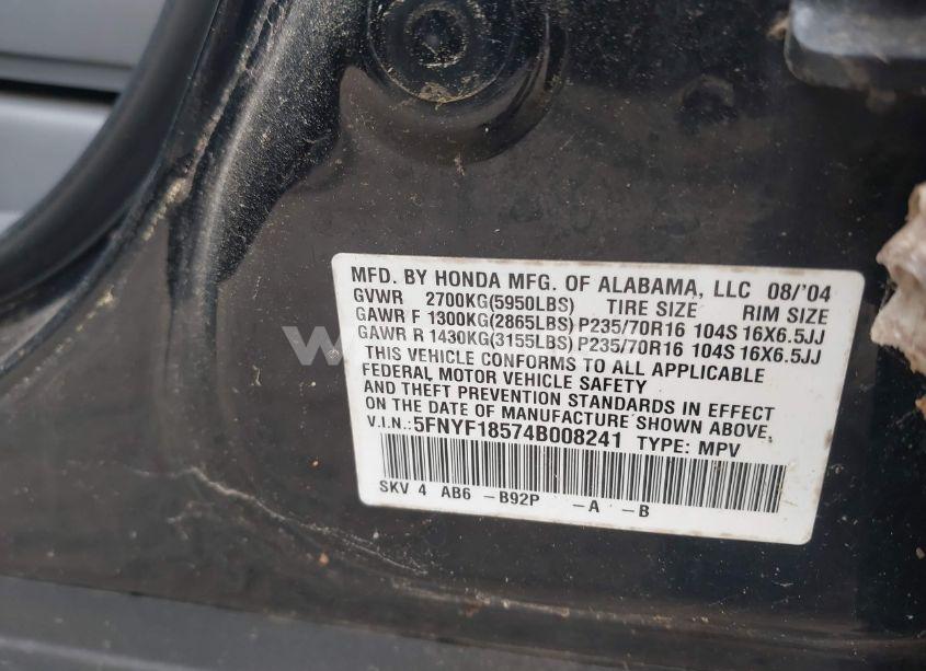 Photo 9 of 2004 Honda Pilot EX-L (VIN 5FNYF18574B008241)