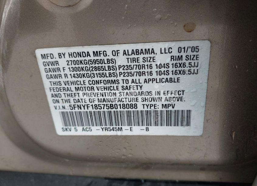 Photo 9 of 2005 Honda Pilot EX-L (VIN 5FNYF18575B018088)