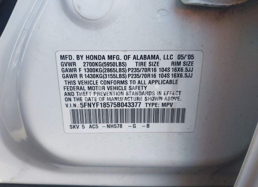 Photo 9 of 2005 Honda Pilot EX-L (VIN 5FNYF18575B043377)