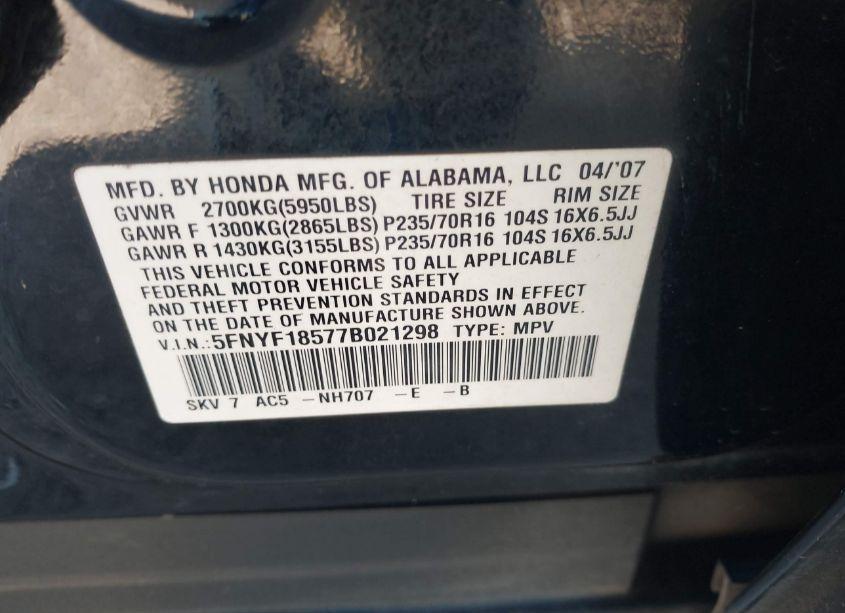 Photo 9 of 2007 Honda Pilot EX-L (VIN 5FNYF18577B021298)