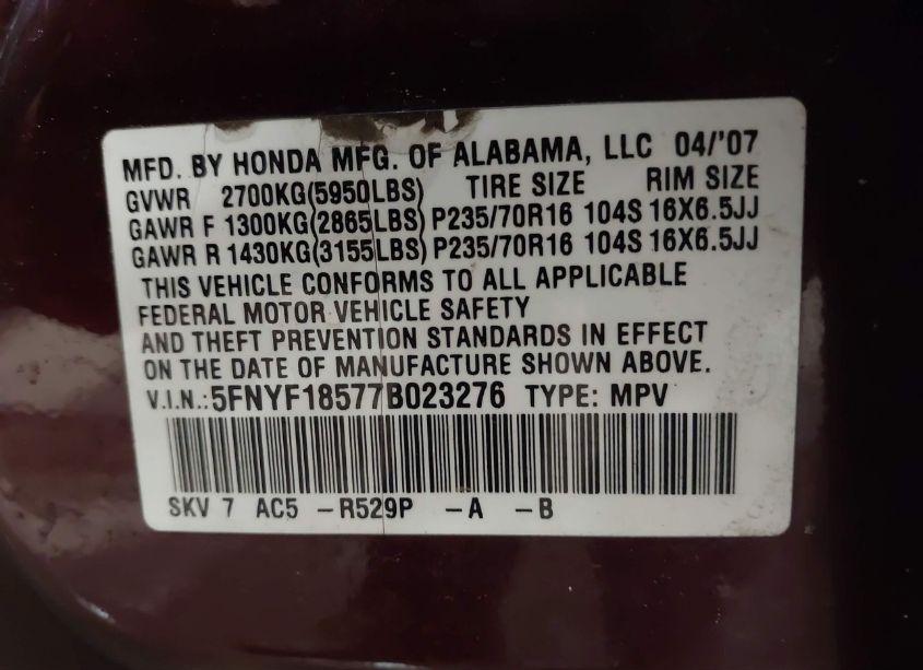 Photo 9 of 2007 Honda Pilot EX-L (VIN 5FNYF18577B023276)