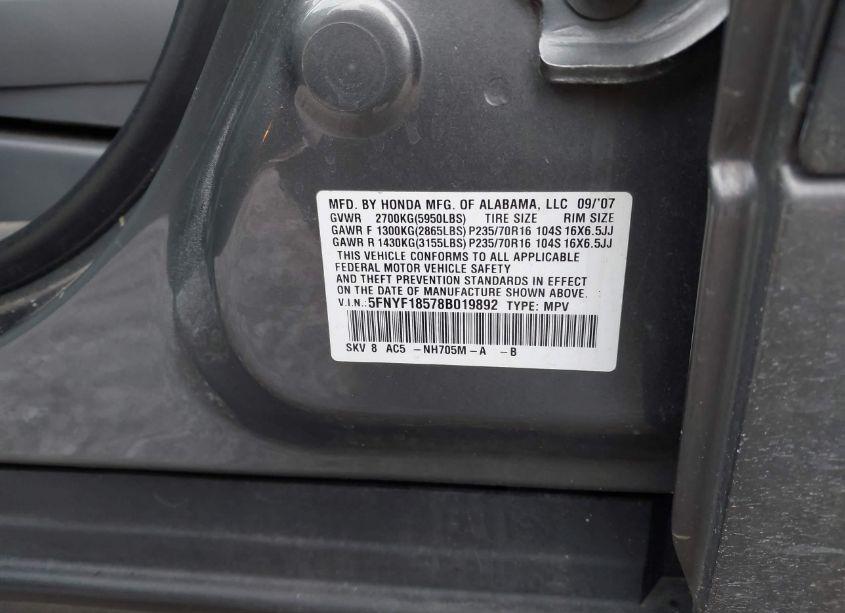 Photo 9 of 2008 Honda Pilot EX-L (VIN 5FNYF18578B019892)