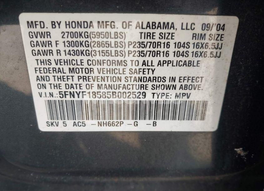 Photo 9 of 2005 Honda Pilot EX-L (VIN 5FNYF18585B002529)