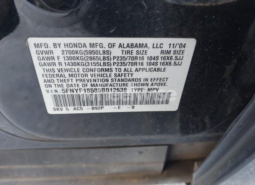 Photo 9 of 2005 Honda Pilot EX-L (VIN 5FNYF18585B012638)