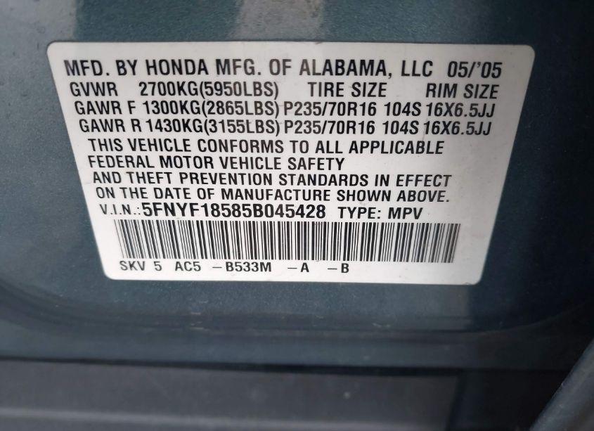 Photo 9 of 2005 Honda Pilot EX-L (VIN 5FNYF18585B045428)