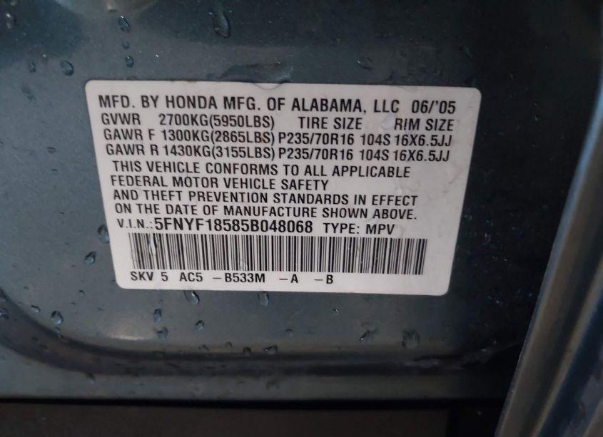Photo 9 of 2005 Honda Pilot EX-L (VIN 5FNYF18585B048068)