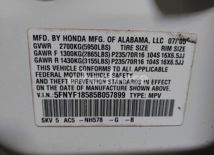 Photo 9 of 2005 Honda Pilot EX-L (VIN 5FNYF18585B057899)