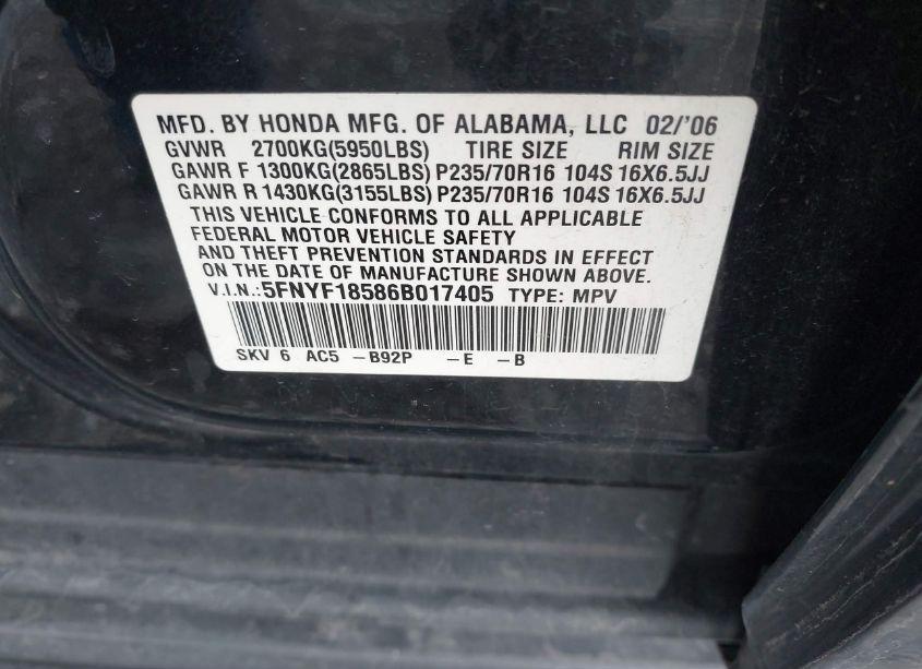 Photo 9 of 2006 Honda Pilot EX-L (VIN 5FNYF18586B017405)