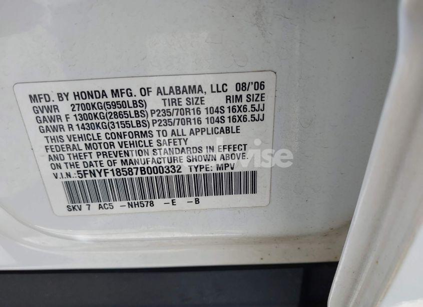 Photo 9 of 2007 Honda Pilot EX-L (VIN 5FNYF18587B000332)