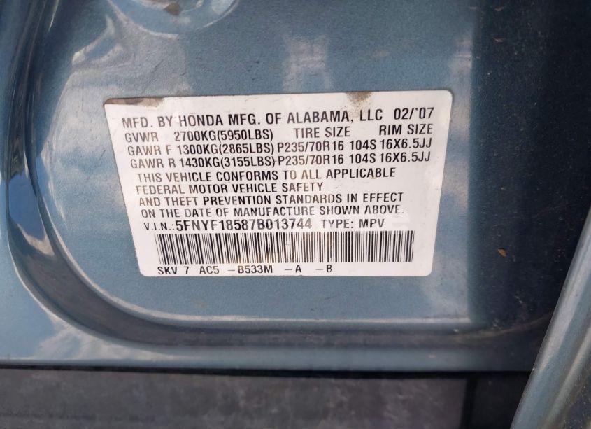Photo 9 of 2007 Honda Pilot EX-L (VIN 5FNYF18587B013744)
