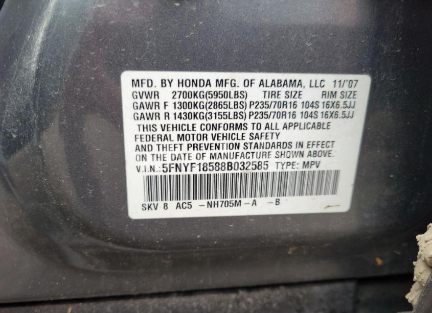 Photo 9 of 2008 Honda Pilot (VIN 5FNYF18588B032585)