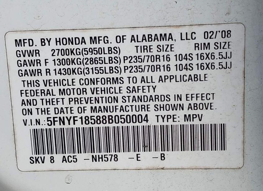 Photo 9 of 2008 Honda Pilot EX-L (VIN 5FNYF18588B050004)