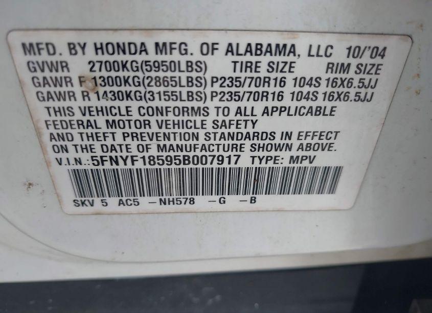 Photo 9 of 2005 Honda Pilot EX-L (VIN 5FNYF18595B007917)