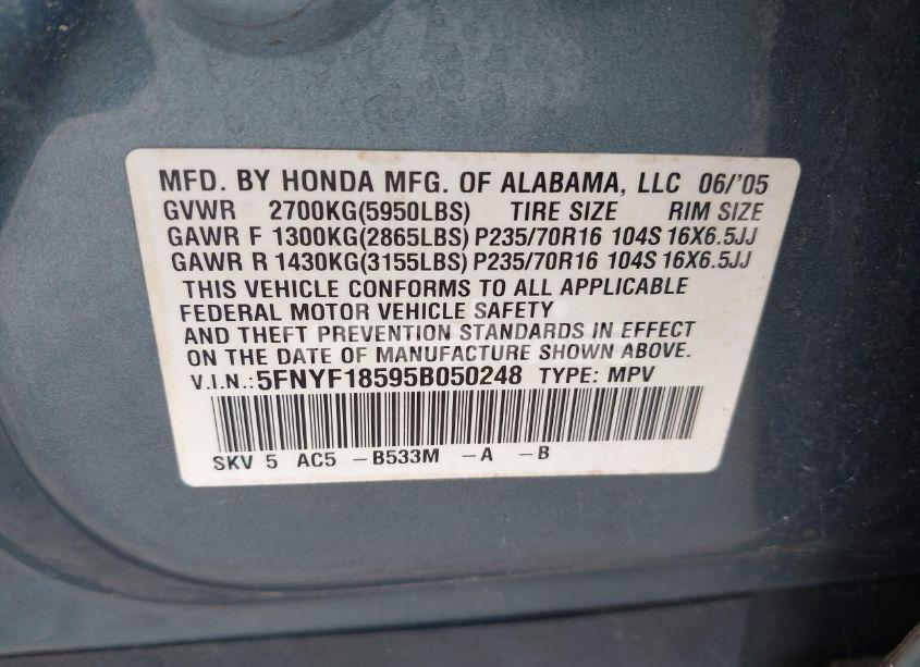 Photo 9 of 2005 Honda Pilot EX-L (VIN 5FNYF18595B050248)