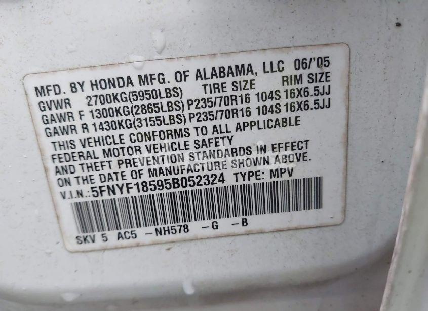 Photo 9 of 2005 Honda Pilot EX-L (VIN 5FNYF18595B052324)