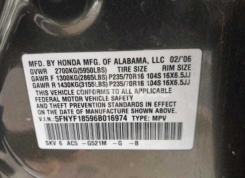 Photo 9 of 2006 Honda Pilot EX-L (VIN 5FNYF18596B016974)