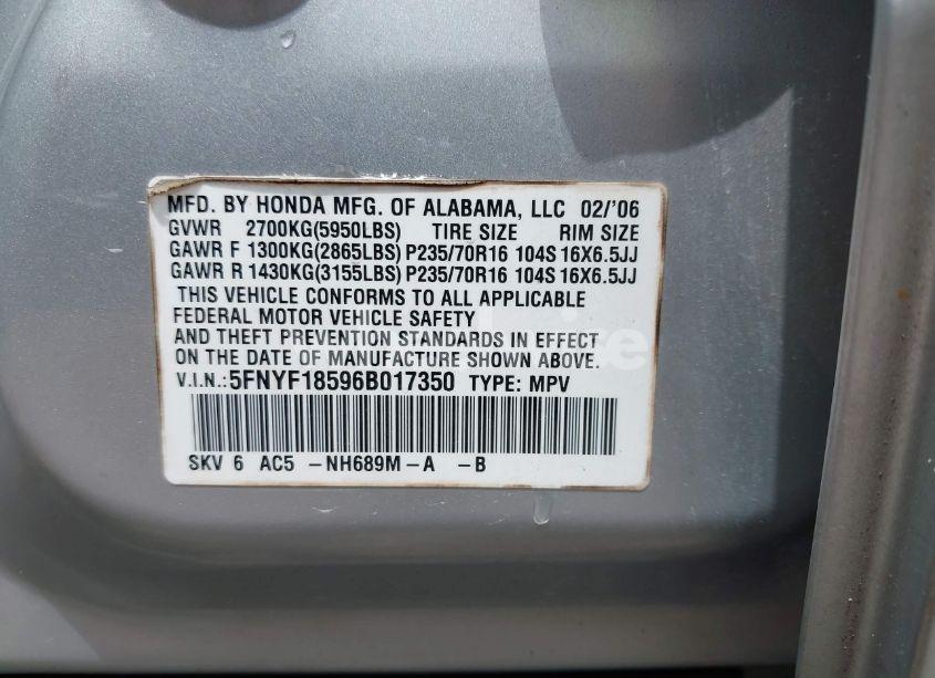 Photo 9 of 2006 Honda Pilot EX-L (VIN 5FNYF18596B017350)