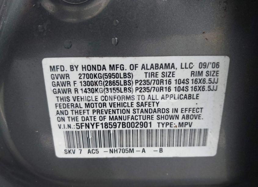 Photo 9 of 2007 Honda Pilot EX-L (VIN 5FNYF18597B002901)