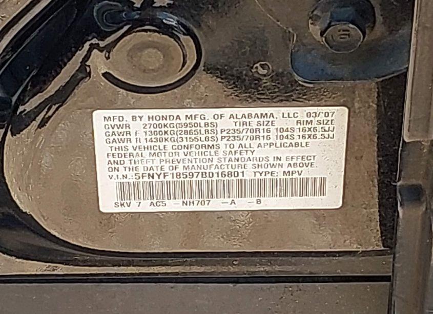 Photo 9 of 2007 Honda Pilot EX-L (VIN 5FNYF18597B016801)