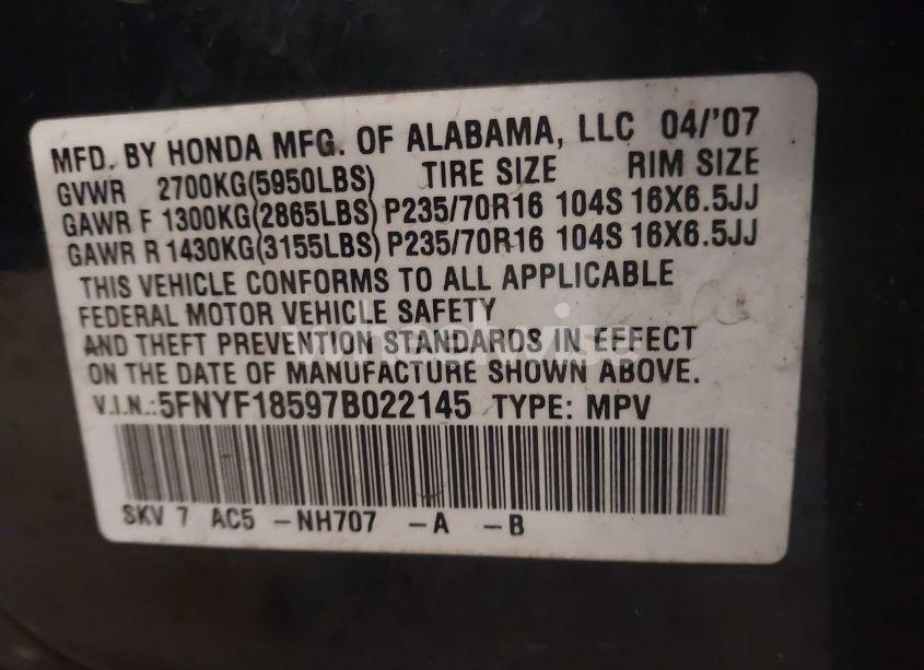 Photo 9 of 2007 Honda Pilot EX-L (VIN 5FNYF18597B022145)