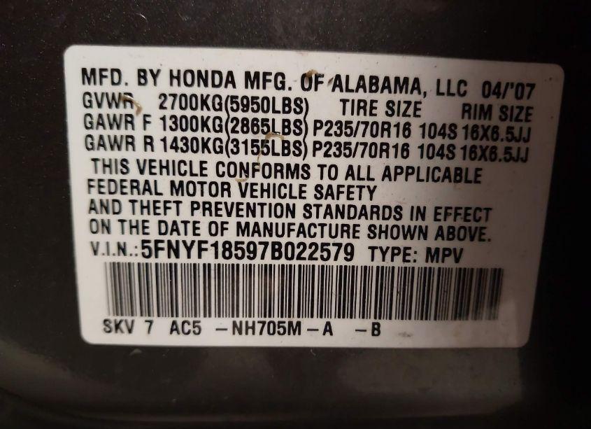 Photo 9 of 2007 Honda Pilot EX-L (VIN 5FNYF18597B022579)