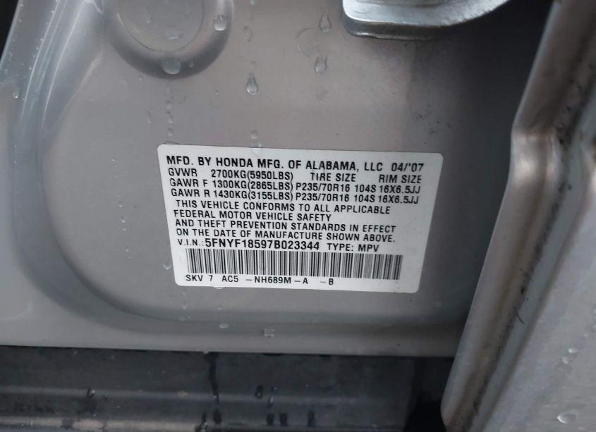 Photo 9 of 2007 Honda Pilot EX-L (VIN 5FNYF18597B023344)