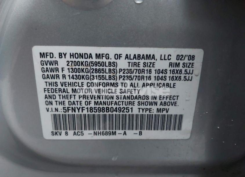 Photo 9 of 2008 Honda Pilot EX-L (VIN 5FNYF18598B049251)