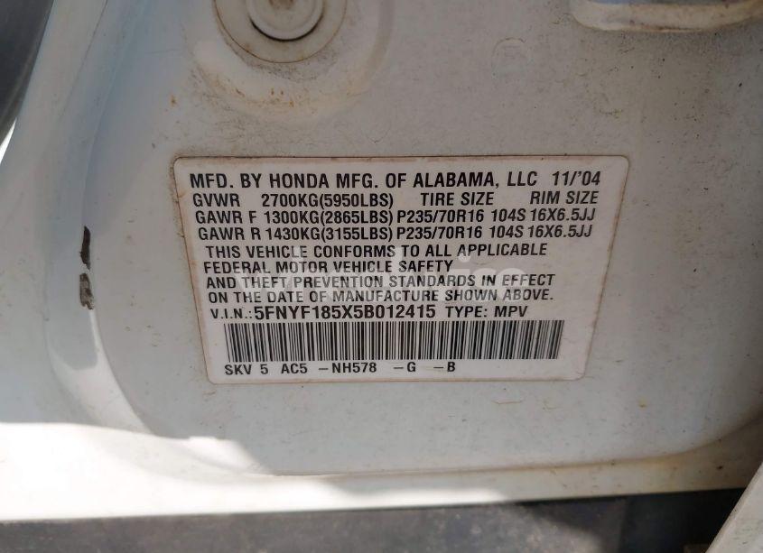 Photo 9 of 2005 Honda Pilot EX-L (VIN 5FNYF185X5B012415)