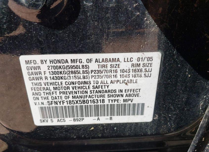 Photo 9 of 2005 Honda Pilot EX-L (VIN 5FNYF185X5B016318)