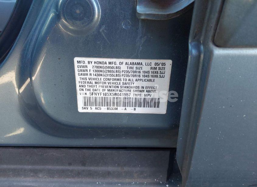 Photo 9 of 2005 Honda Pilot EX-L (VIN 5FNYF185X5B041557)