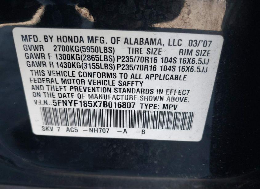 Photo 9 of 2007 Honda Pilot EX-L (VIN 5FNYF185X7B016807)