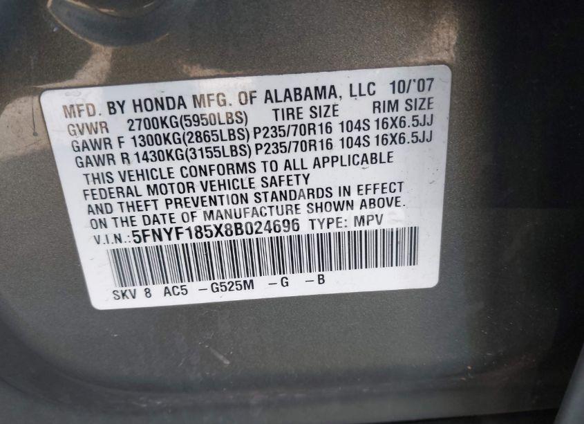 Photo 9 of 2008 Honda Pilot EX-L (VIN 5FNYF185X8B024696)