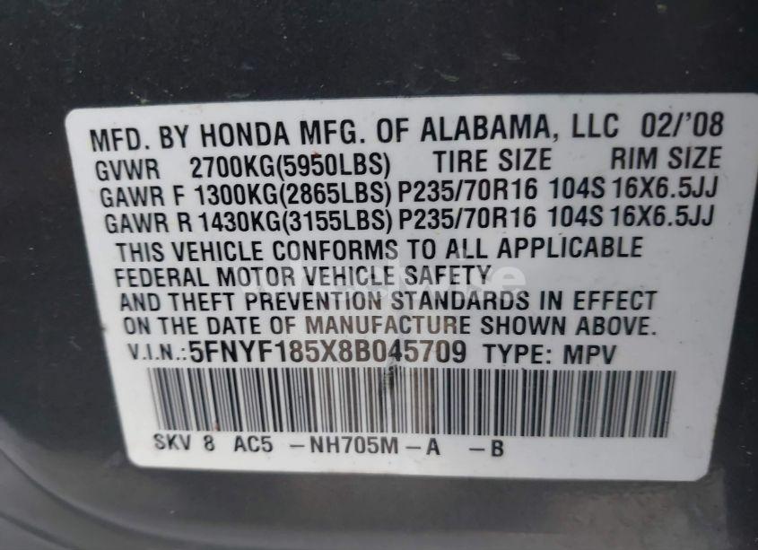 Photo 9 of 2008 Honda Pilot EX-L (VIN 5FNYF185X8B045709)