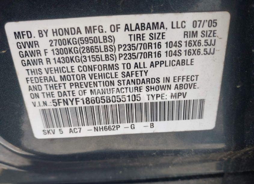 Photo 9 of 2005 Honda Pilot EX-L (VIN 5FNYF18605B055105)