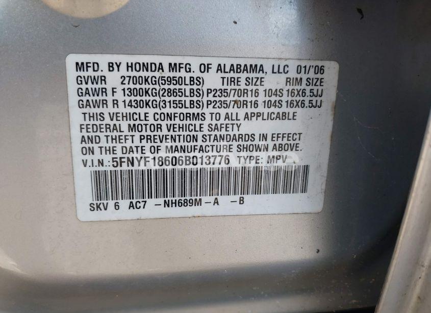 Photo 9 of 2006 Honda Pilot EX-L (VIN 5FNYF18606B013776)