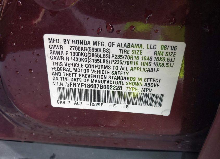Photo 9 of 2007 Honda Pilot EX-L (VIN 5FNYF18607B002228)