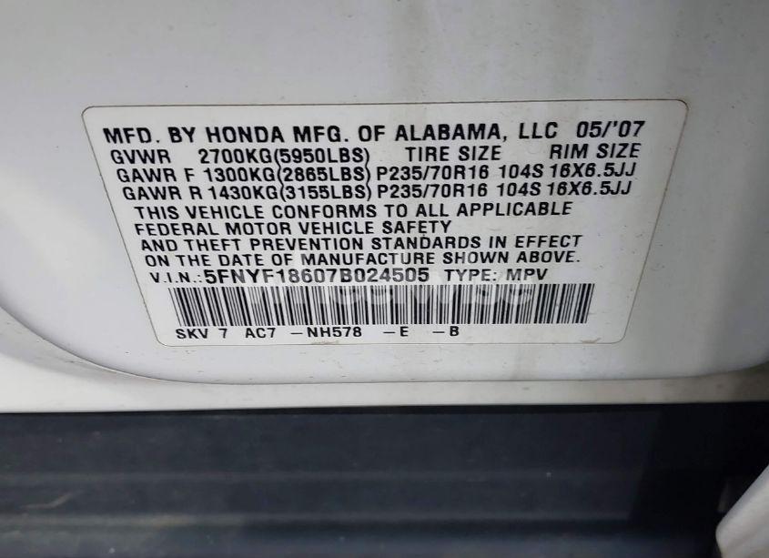 Photo 9 of 2007 Honda Pilot EX-L (VIN 5FNYF18607B024505)