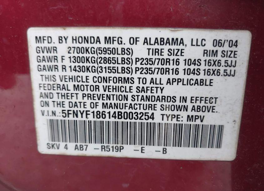Photo 9 of 2004 Honda Pilot EX-L (VIN 5FNYF18614B003254)
