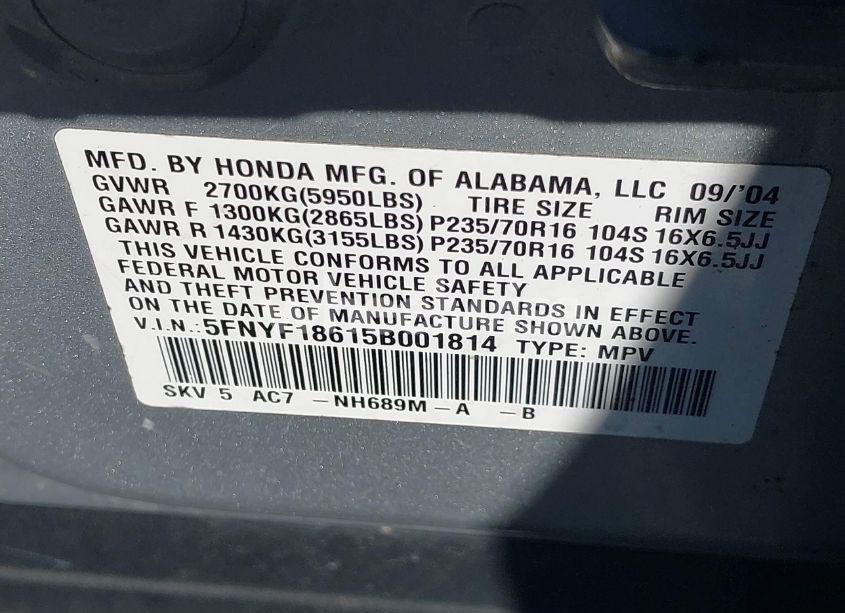 Photo 9 of 2005 Honda Pilot EX-L (VIN 5FNYF18615B001814)