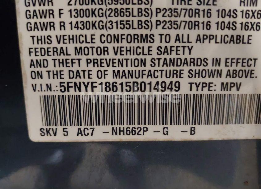 Photo 9 of 2005 Honda Pilot EX-L (VIN 5FNYF18615B014949)