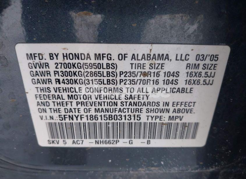 Photo 9 of 2005 Honda Pilot EX-L (VIN 5FNYF18615B031315)