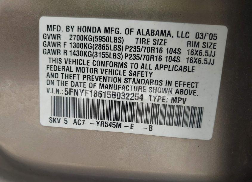 Photo 9 of 2005 Honda Pilot EX-L (VIN 5FNYF18615B032254)