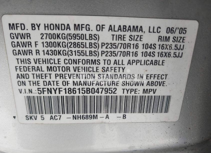 Photo 9 of 2005 Honda Pilot EX-L (VIN 5FNYF18615B047952)
