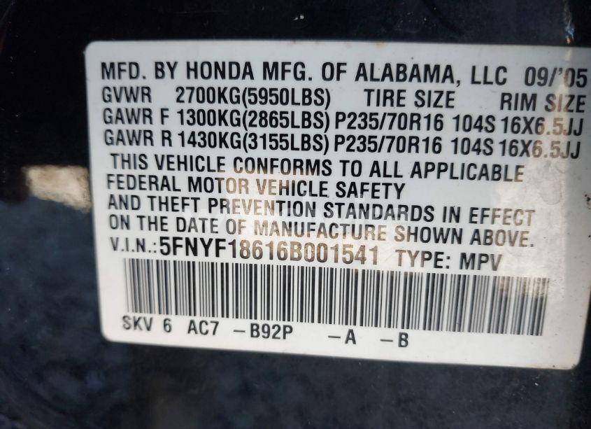 Photo 9 of 2006 Honda Pilot EX-L (VIN 5FNYF18616B001541)